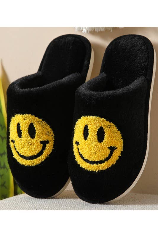 Smiley Face Plush Indoor Slippers - Black & Yellow