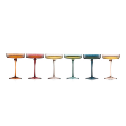 Art Deco Ribbed Pastel Coupe, & Cocktail Glasses - 6 Set